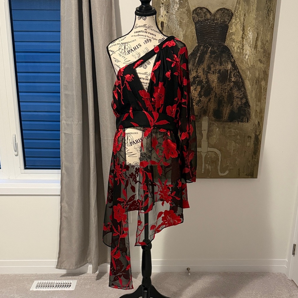 Sheer Black & Red top with Red Floral Design - Women